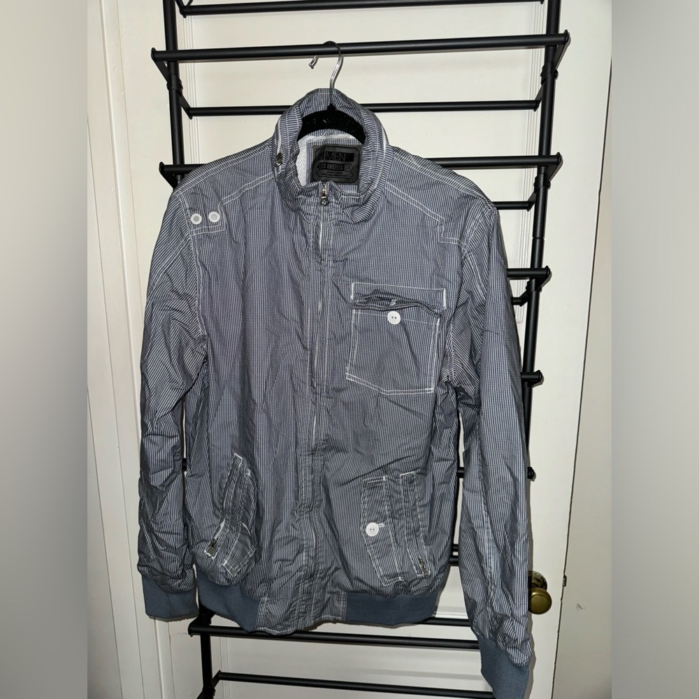 21men Blue and White Pattern Thick Zippered Jacket